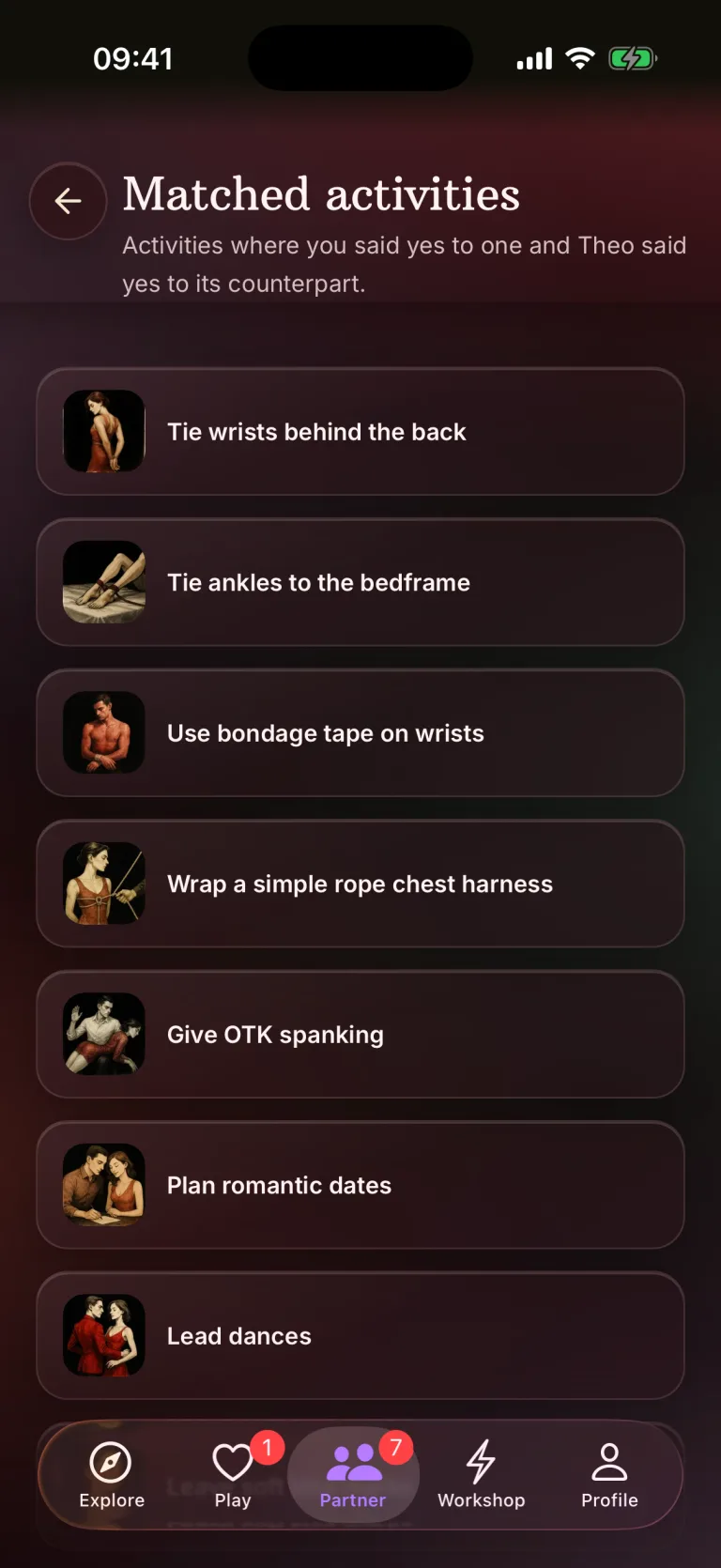 Matched activities you both said yes to in BeMoreKinky