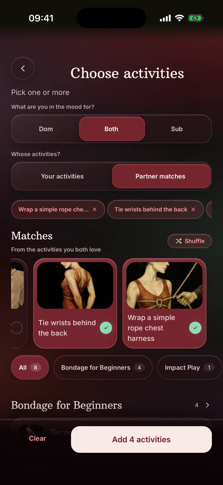 Choosing bondage activities for a play proposal in BeMoreKinky